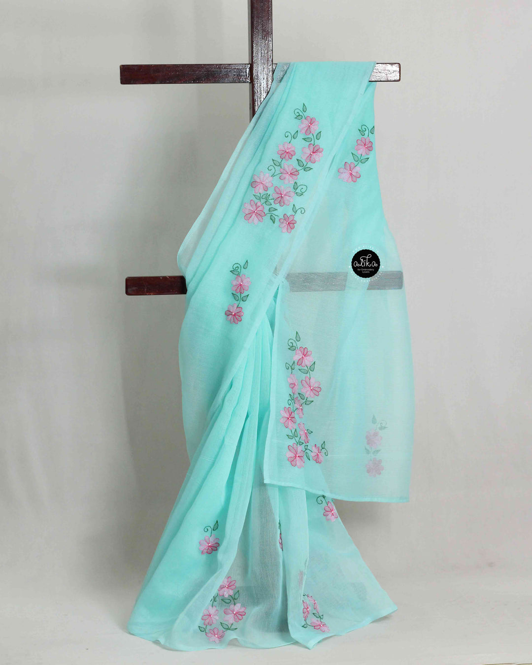 Light Aqua Blue Kota Saree with Floral Shadow Work