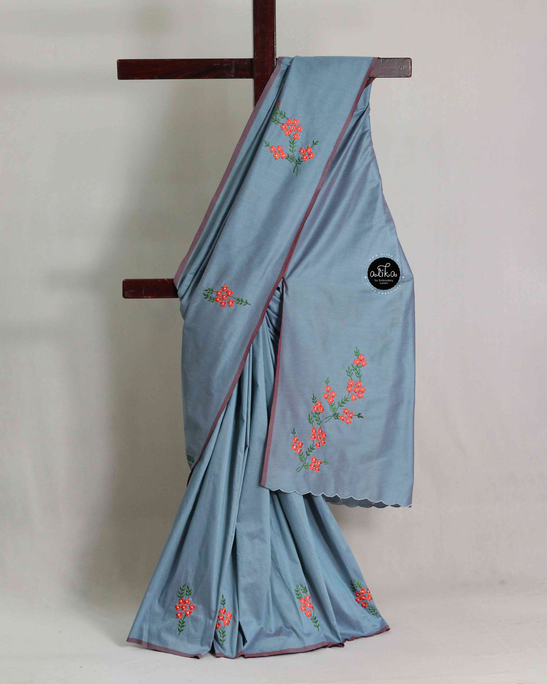 Ash Blue Semi Silk Saree with Floral Machine Embroidery