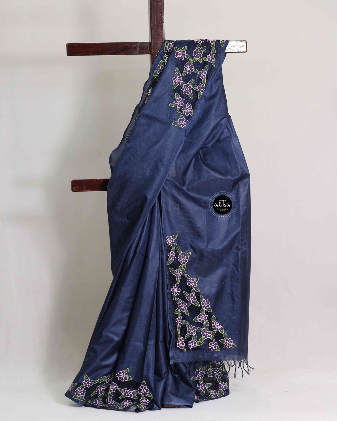 Navy Blue Semi Tussar Silk Saree with Floral Twine Cutwork