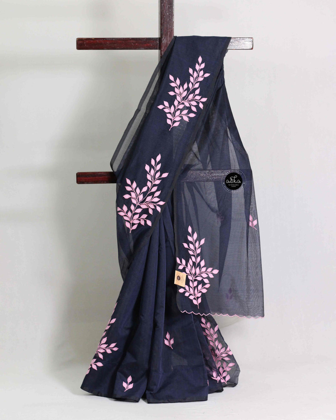 Dark Navy Blue Kota Saree with Floral Appliqué Work
