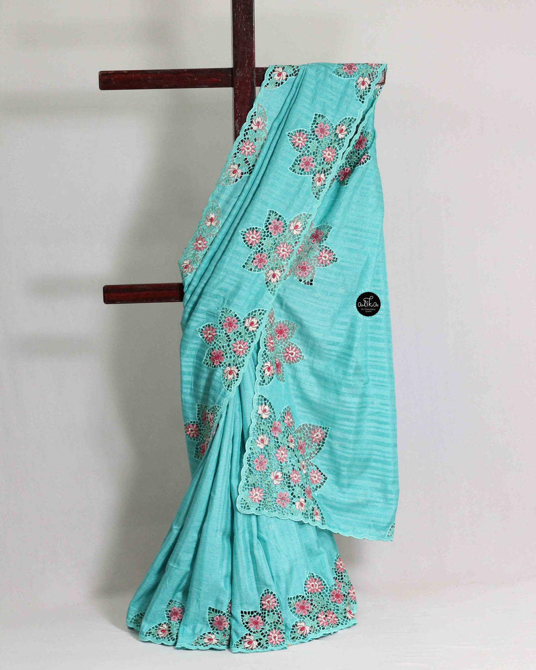 Light Aqua Green Semi Silk Saree with Floral Cutwork Embroidery
