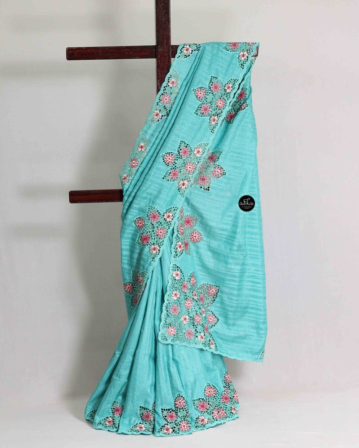 Light Aqua Green Semi Silk Saree with Floral Cutwork Embroidery