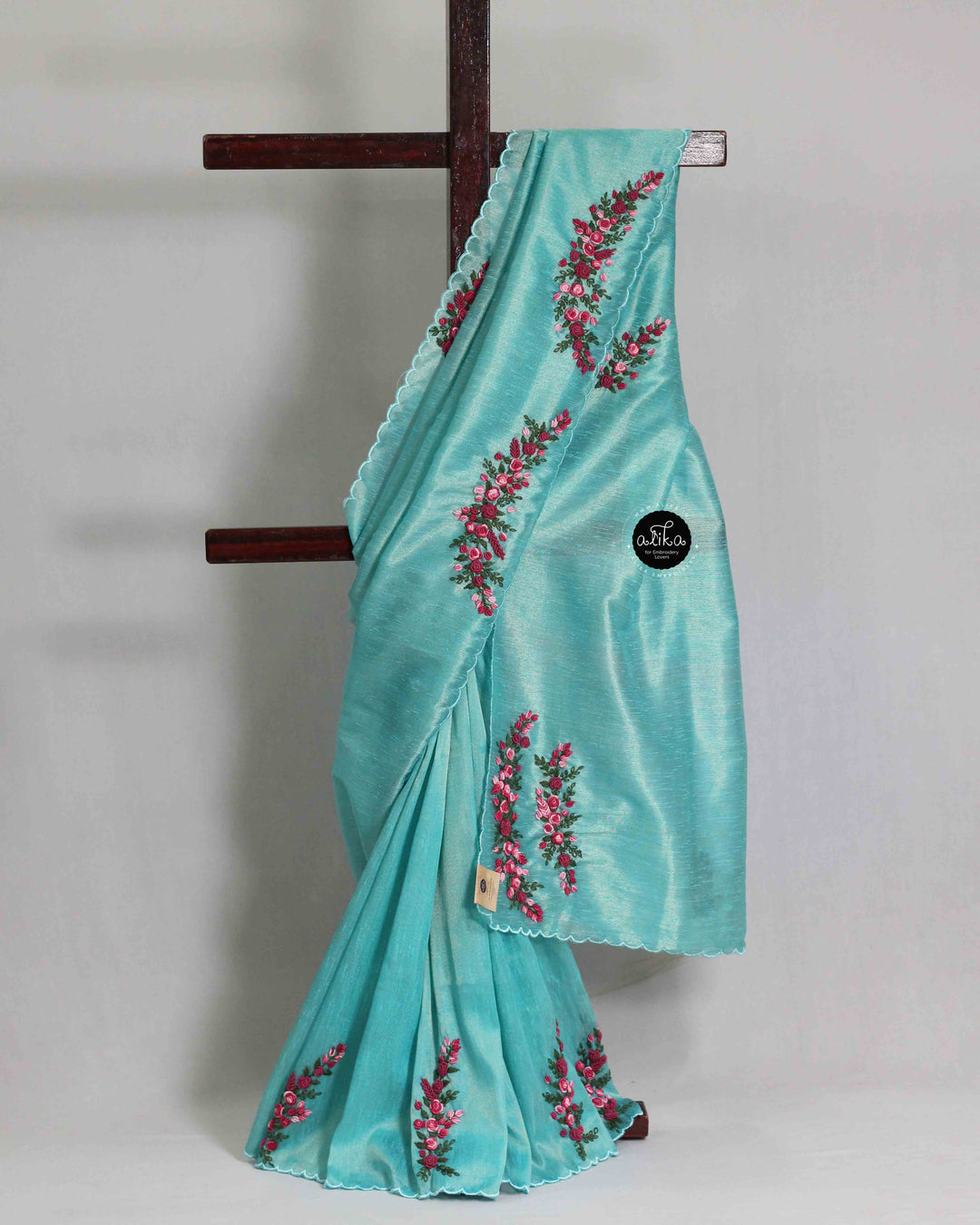 Sea Blue Semi Silk Saree with Floral Hand Embroidery