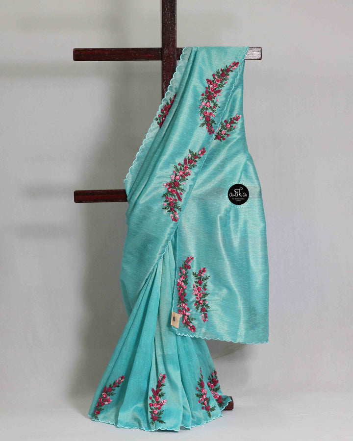 Sea Blue Semi Silk Saree with Floral Hand Embroidery