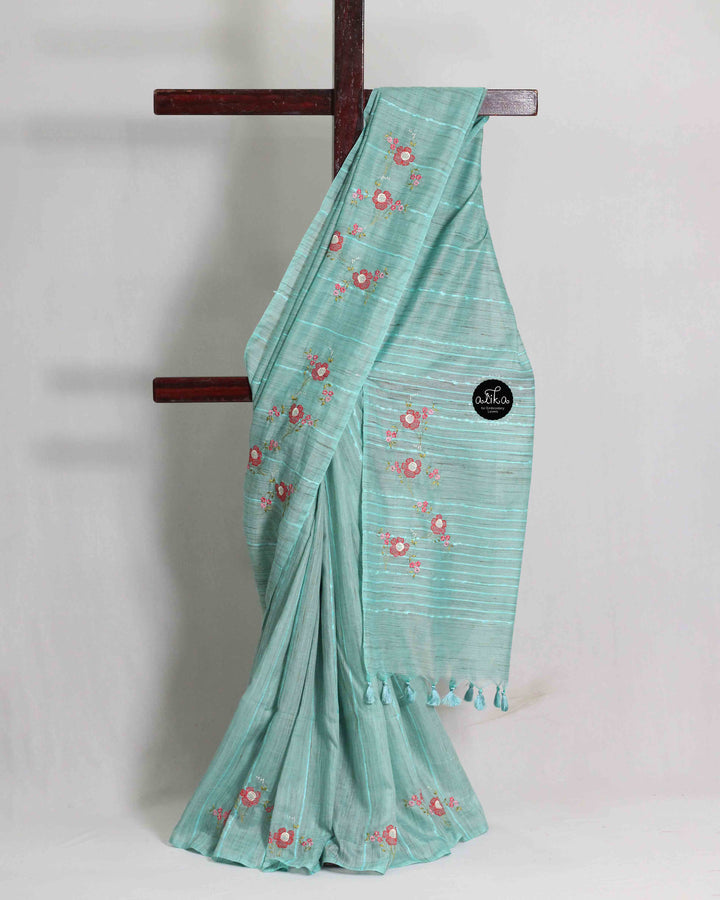 Sea Blue Semi Linen Saree with Floral Machine Embroidery