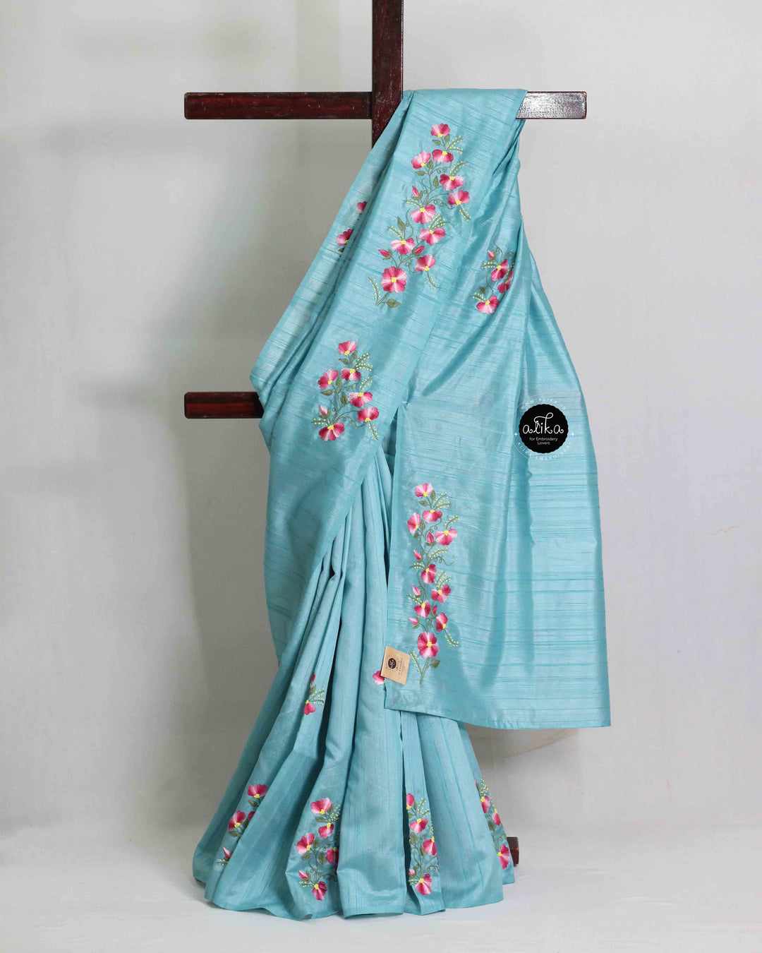 Light Blue Semi Silk Saree with Floral Hand Embroidery –