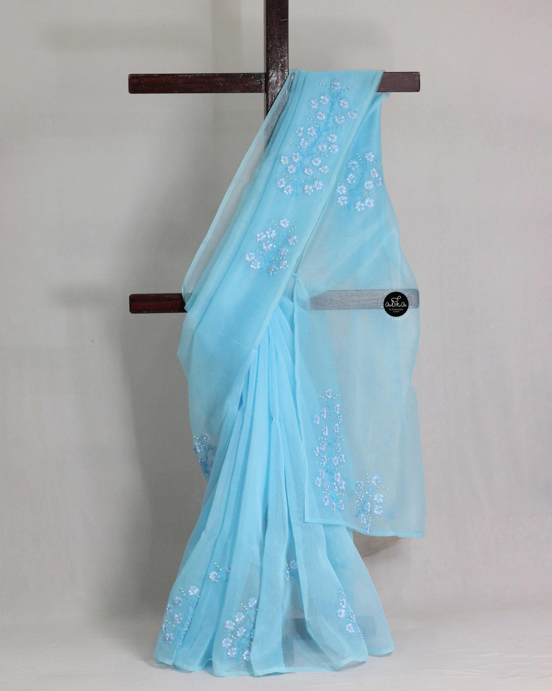 Light Blue Kota Saree with Floral Ribbon Work