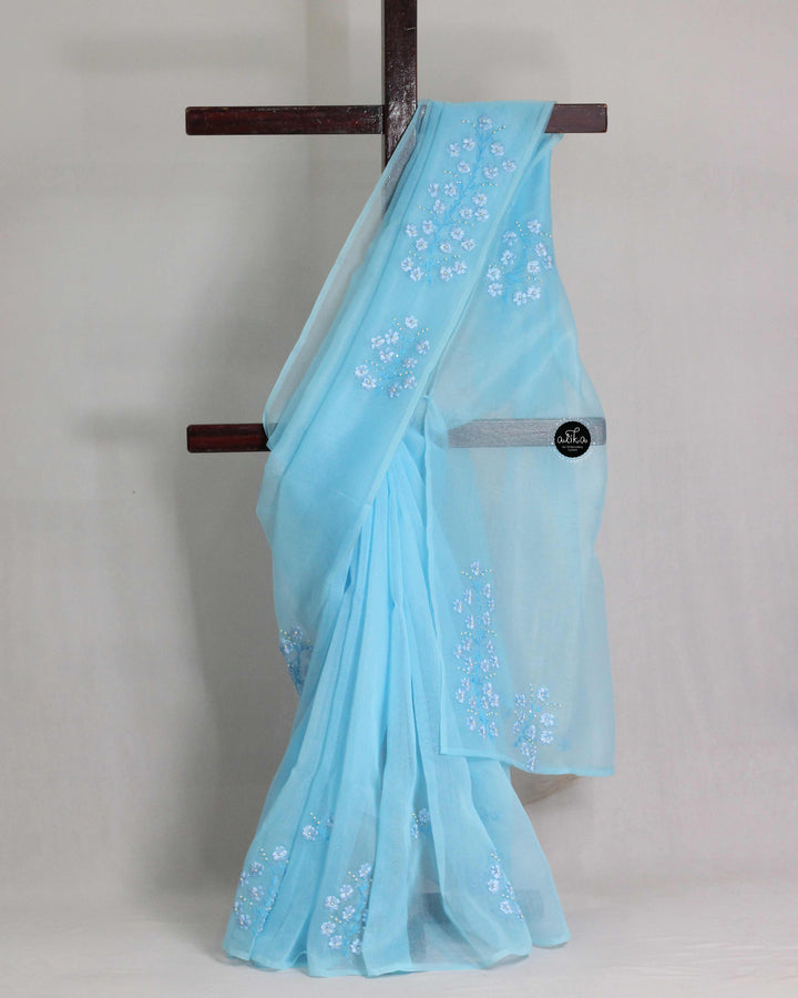 Light Blue Kota Saree with Floral Ribbon Work