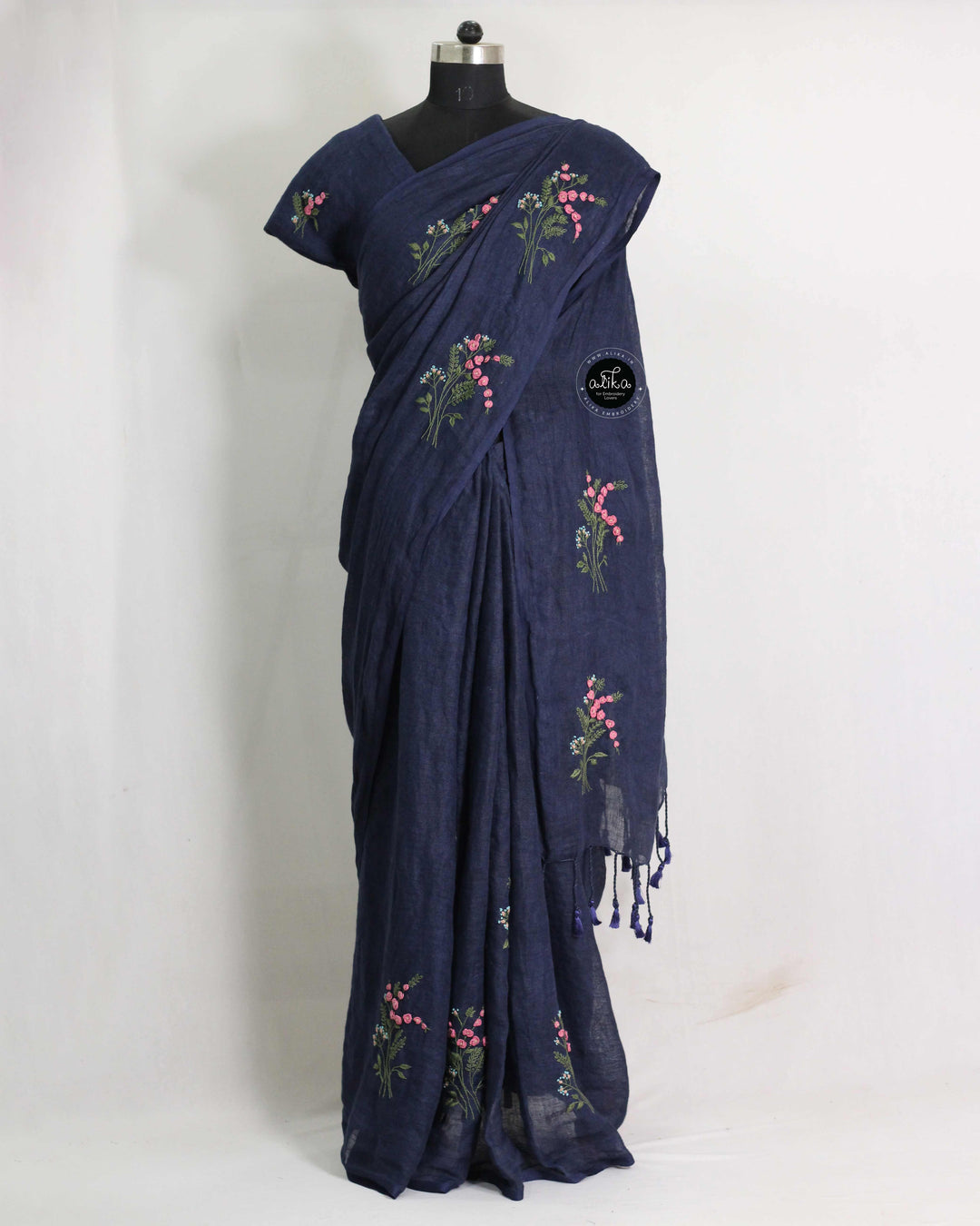Navy Blue Pure Linen Saree with Floral Hand Embroidery