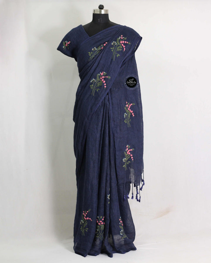 Navy Blue Pure Linen Saree with Floral Hand Embroidery