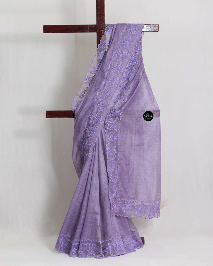 Lavender Silky Kota Saree with Floral Appliqué Border