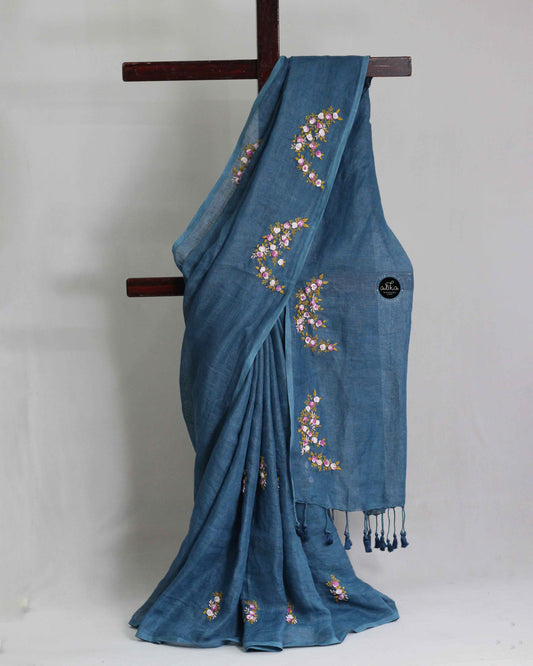 Grayish Blue Pure Linen Saree with Floral Hand Embroidery