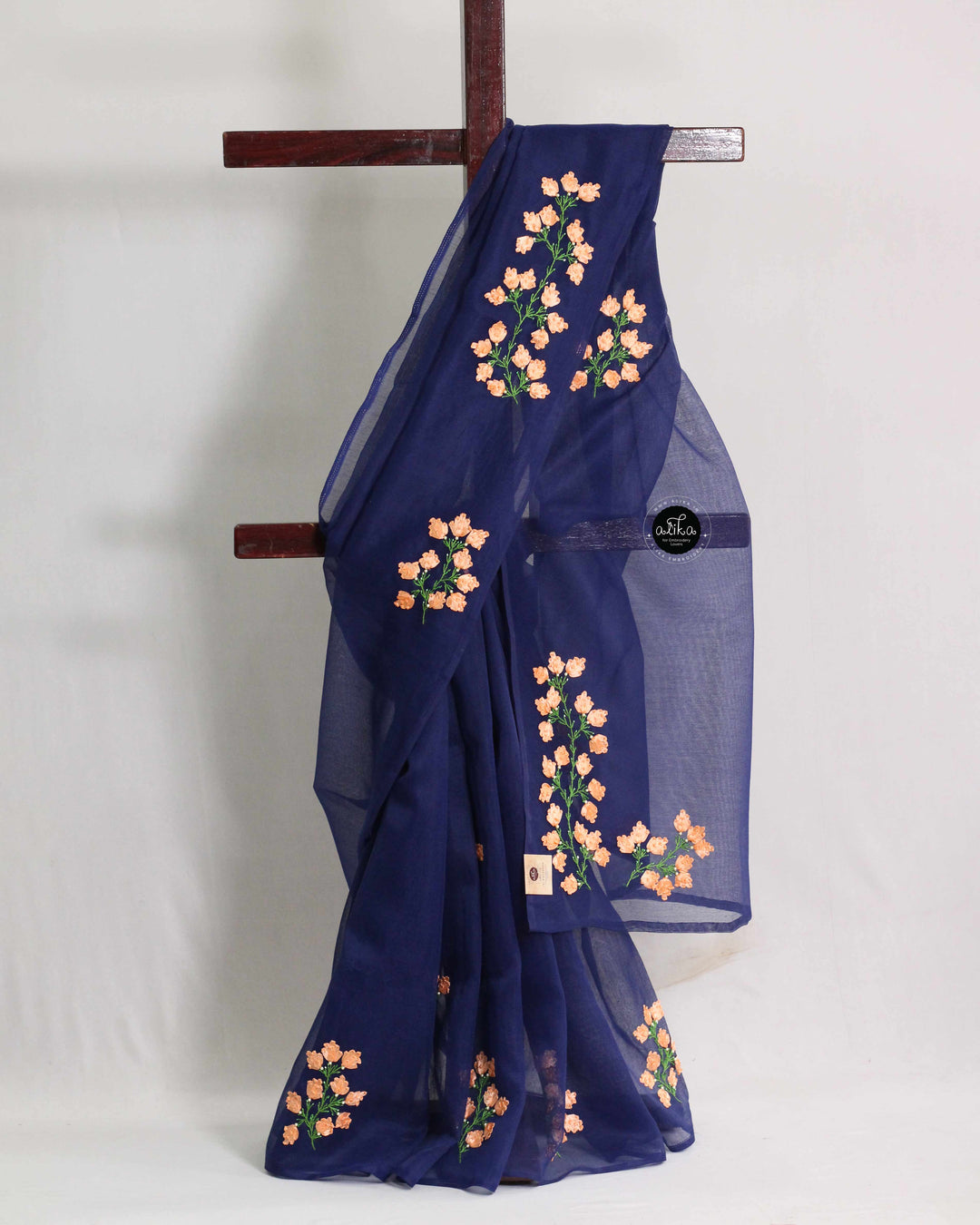Navy Blue Kota Saree with Floral Ribbon Work