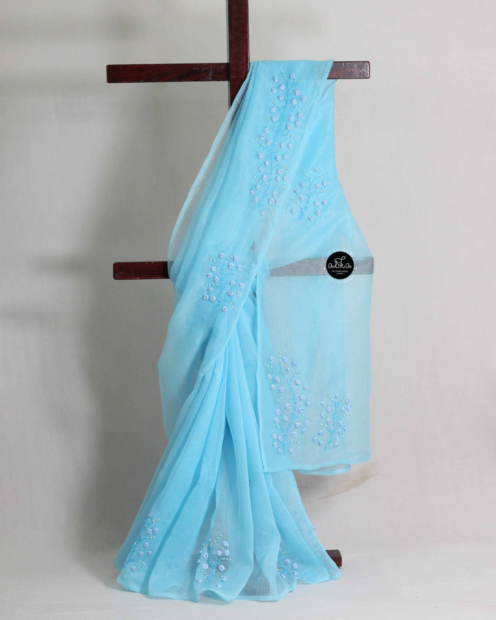 Light Blue Kota Saree with Floral Ribbon And Bead Work