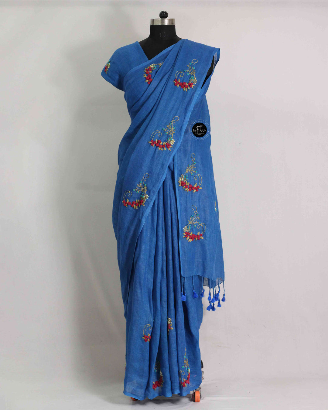 Royal Blue Pure Linen Saree with Floral Hand Embroidery