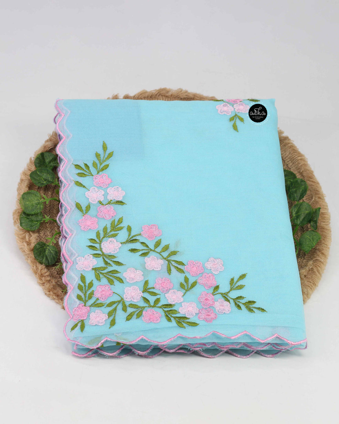 Light Blue Kota Saree with Floral Machine Embroidery &amp; Scalloped Border