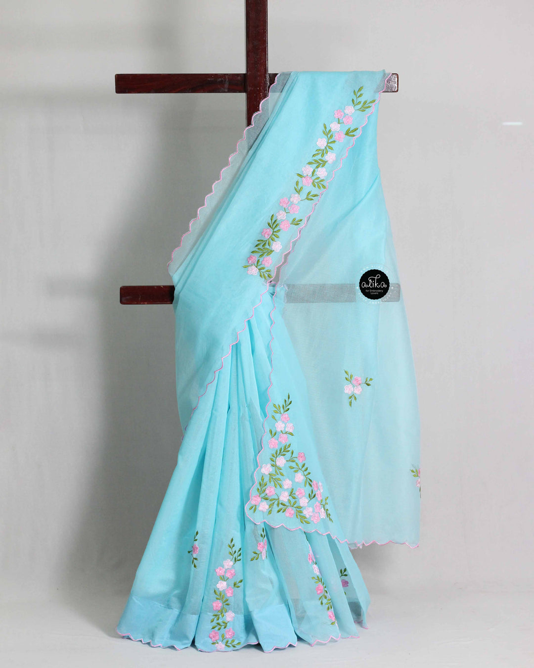 Light Blue Kota Saree with Floral Machine Embroidery &amp; Scalloped Border