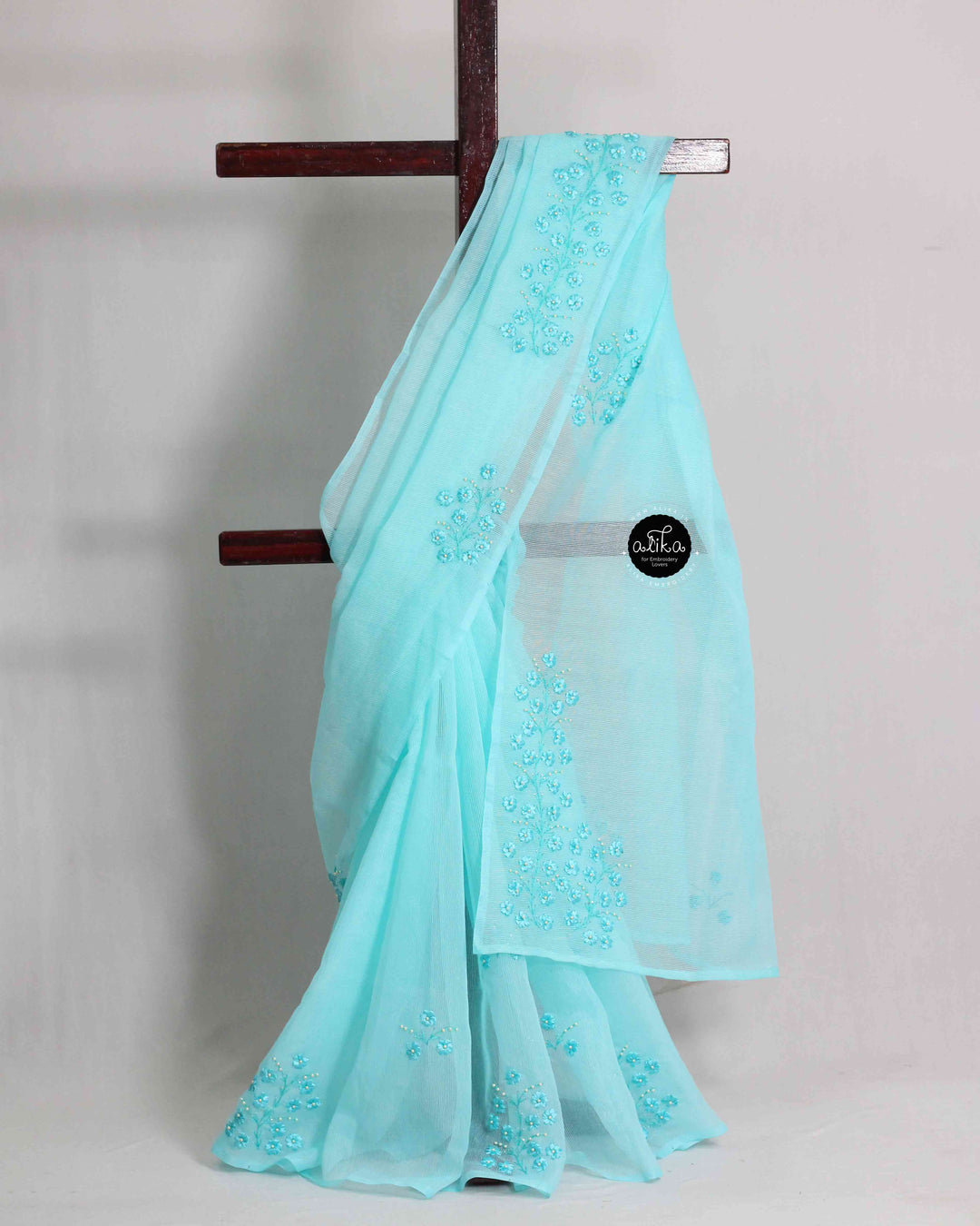 Light Blue Kota Saree with Floral Ribbon Work and Bead Work