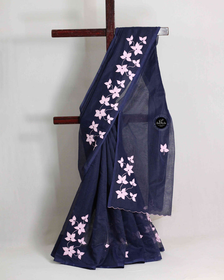 Dark Navy Blue Kota Saree with Floral Appliqué Work