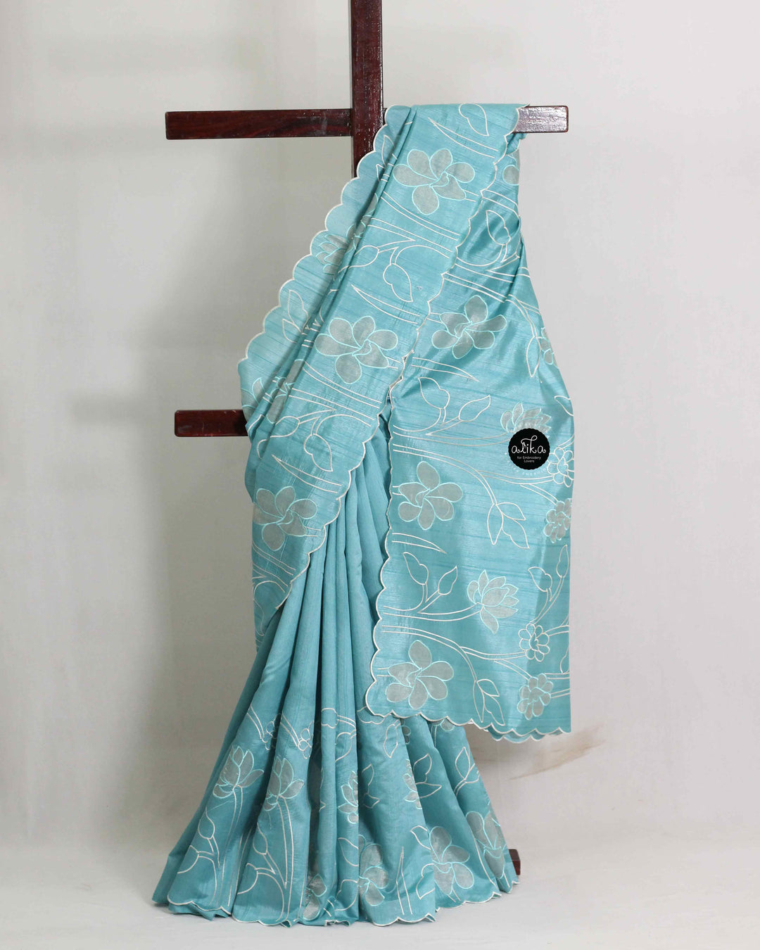 Light Blue Semi Silk Saree with Floral Appliqué Work