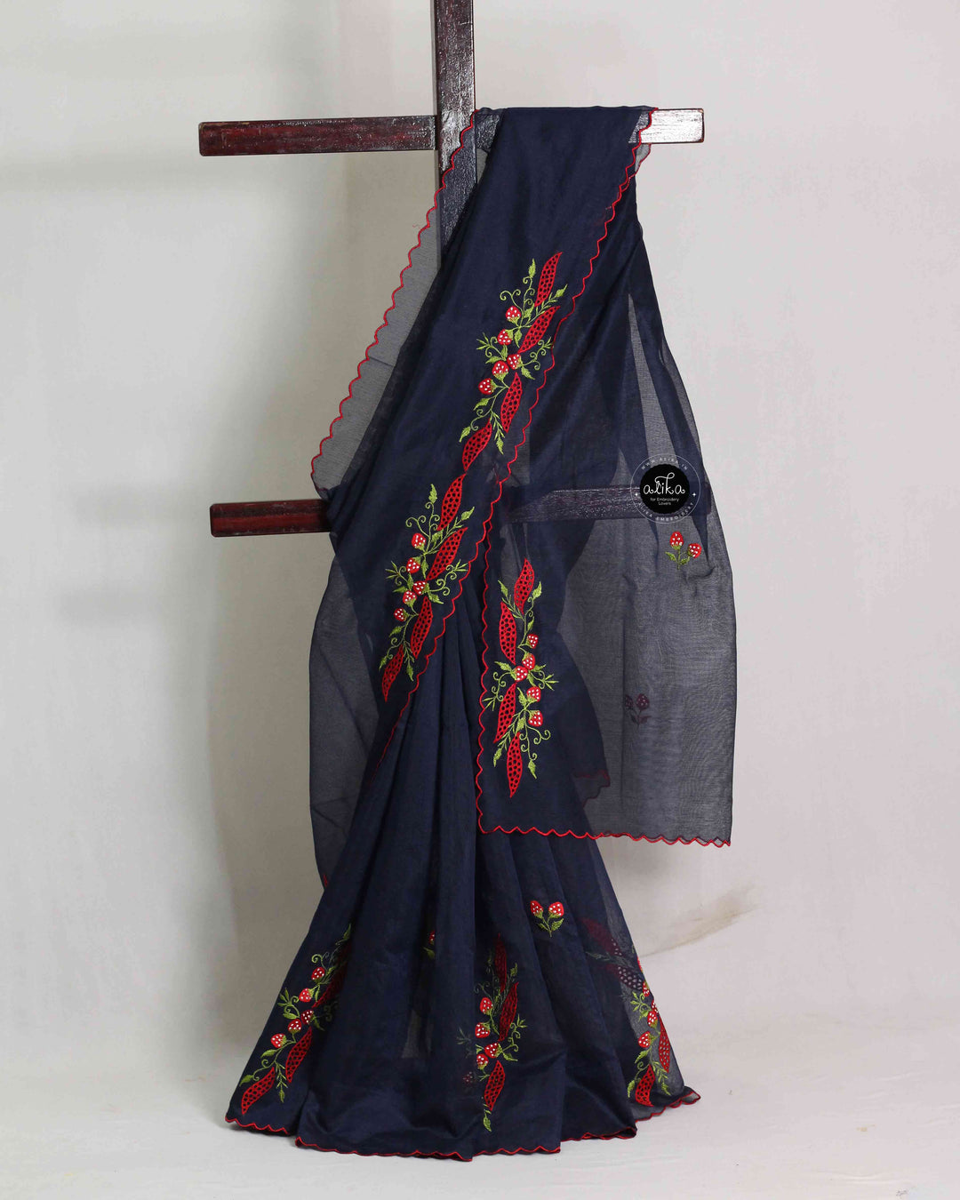 Dark Navy Blue Kota Saree with Floral Machine Embroidery &amp;Cutwork
