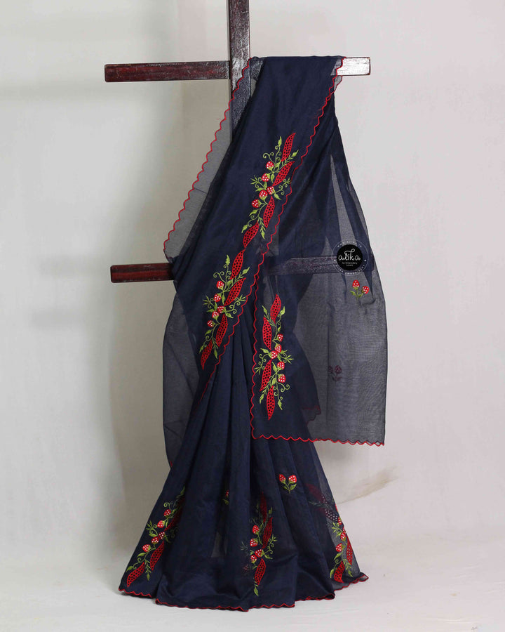 Dark Navy Blue Kota Saree with Floral Machine Embroidery &amp;Cutwork