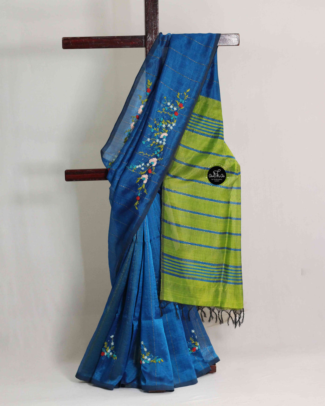 Blue &amp; Lemon Green Pure Mangal Giri Silk Saree with Floral Hand Embroidery &amp; Bead Work