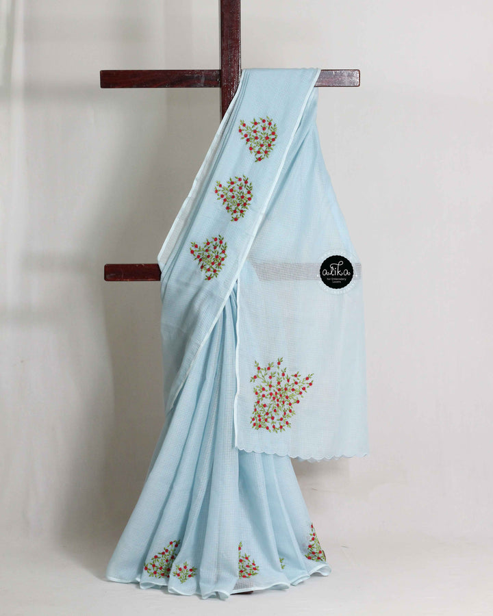Pastel Blue Cotton Kota Saree with Floral Machine Embroidery