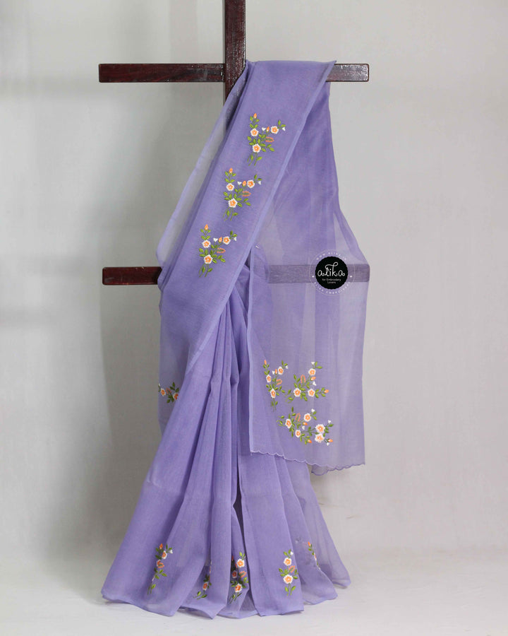 Lavender Kota Saree with Floral Machine Embroidery
