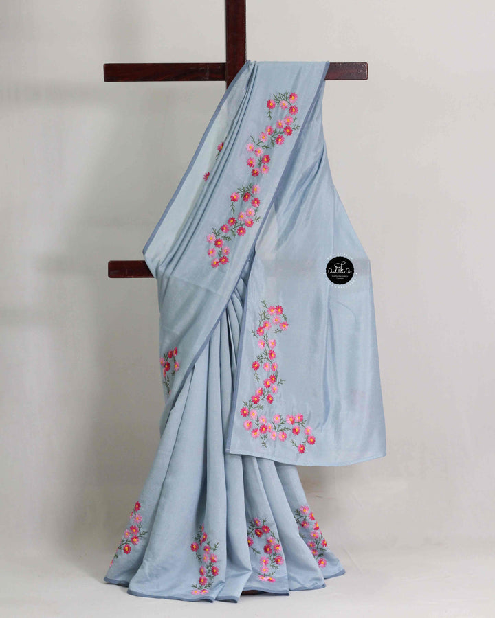 Ice Blue Designer Silk Saree with Multi Colour Floral Hand Embroidery