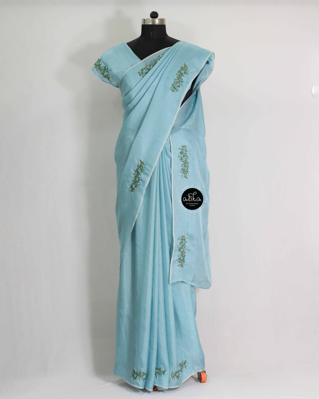 Sky Blue Crispy Georgette Saree with Floral Hand Embroidery &amp; Bead Embellishments