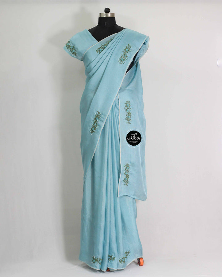 Sky Blue Crispy Georgette Saree with Floral Hand Embroidery &amp; Bead Embellishments