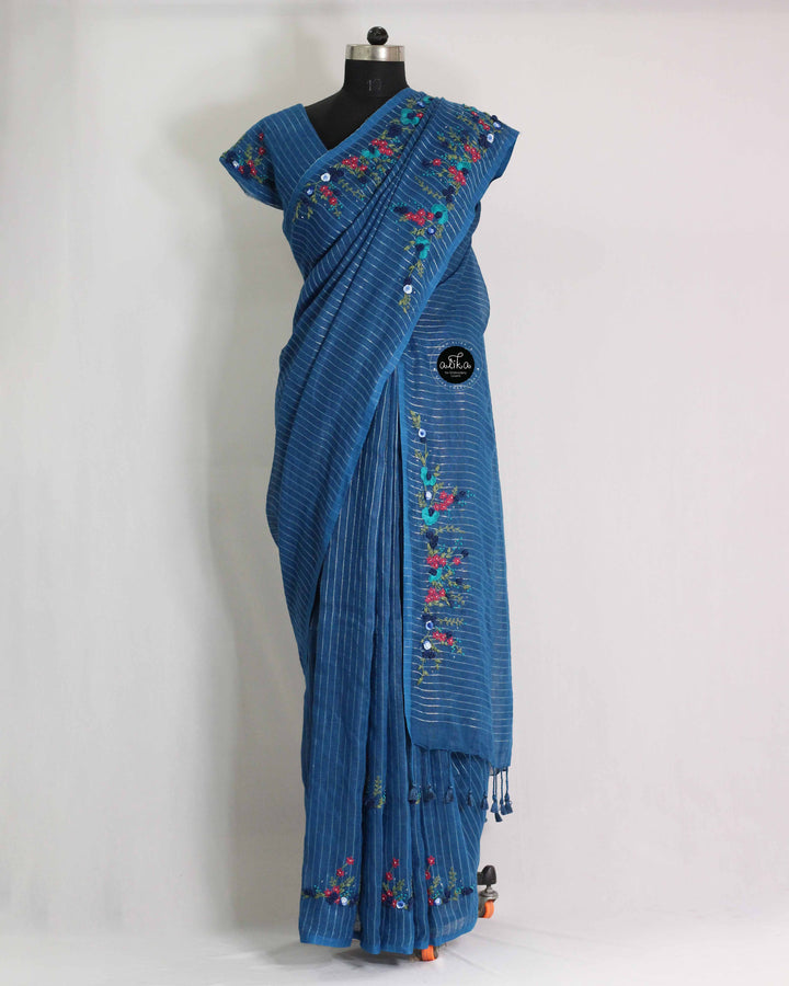 Indigo Blue Pure Linen Saree with Floral Hand Embroidery &amp; Bead Work