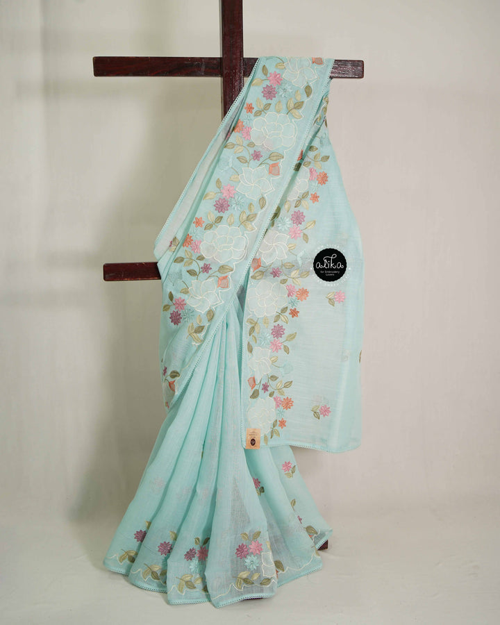 Light Aqua Linen Cotton Saree with Floral Applique Work