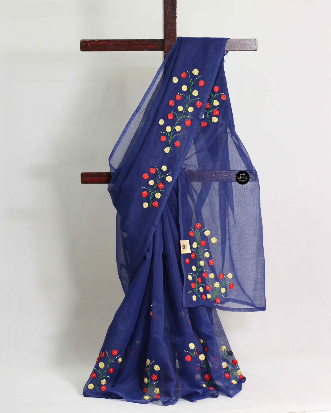 Dark Blue Kota Saree with Floral Ribbon Embroidery