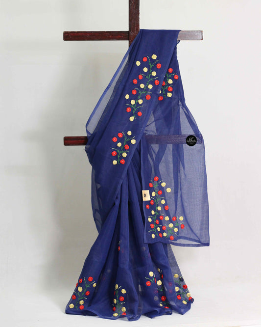 Dark Blue Kota Saree with Floral Ribbon Embroidery – Elegant Party Wear