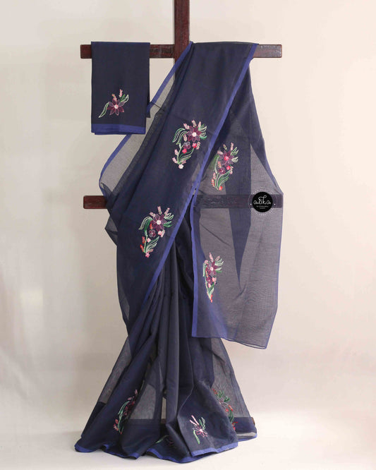 Navy blue Kota Saree with Floral Shadow Embroidery