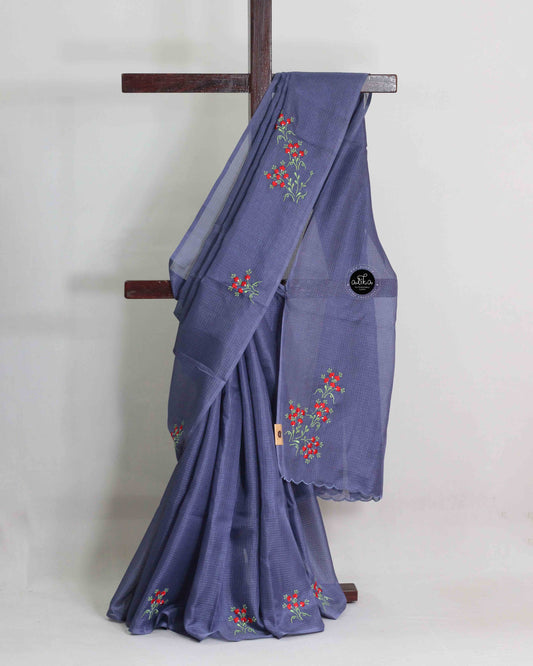 Bluish gray Silky Kota Saree with Floral Machine Embroidery