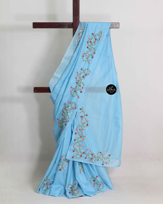Bright Blue Bagalpuri Silk Saree with Floral Hand Embroidery: