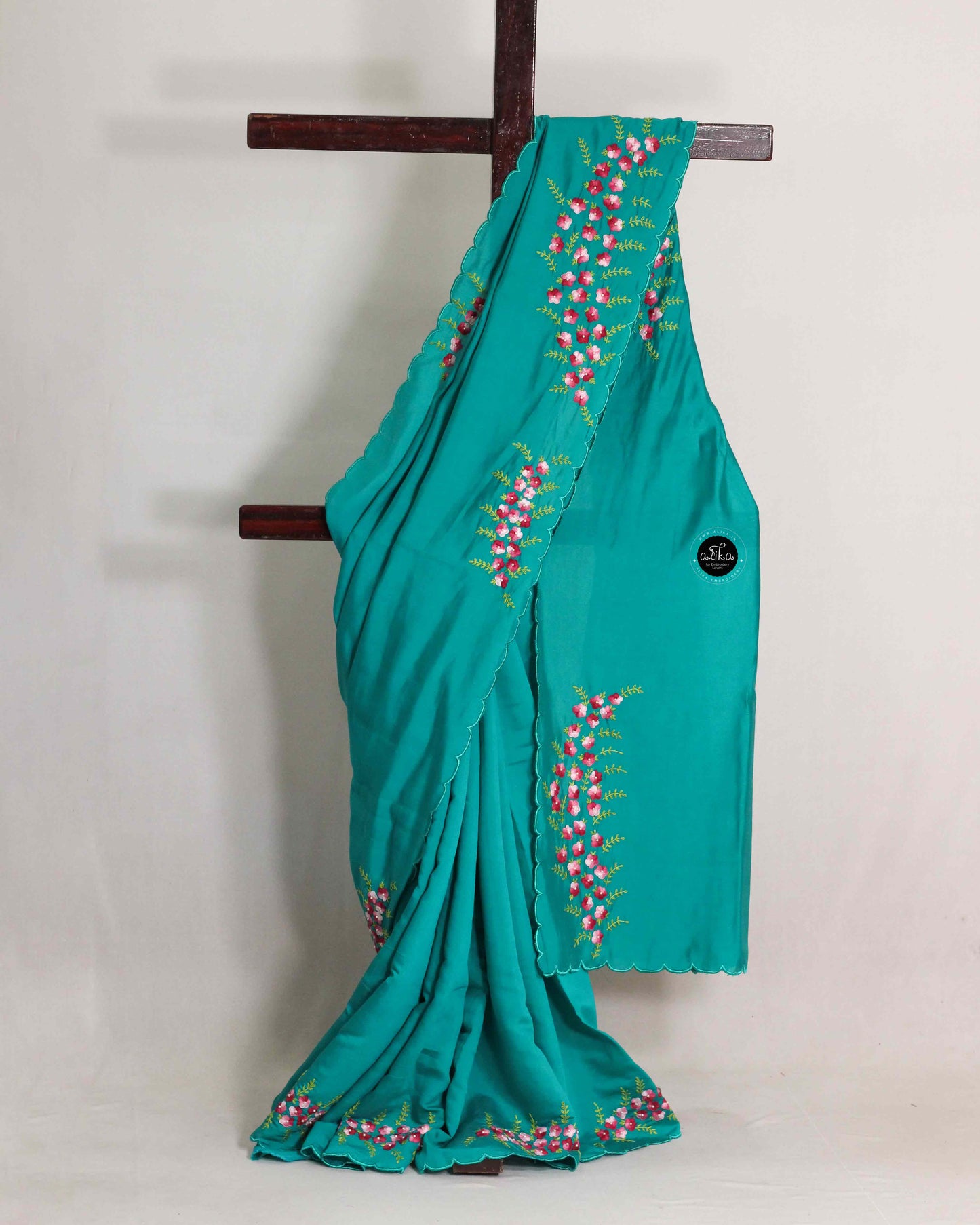 Aqua Green Soft Silk Saree with Thread Bead Embroidery