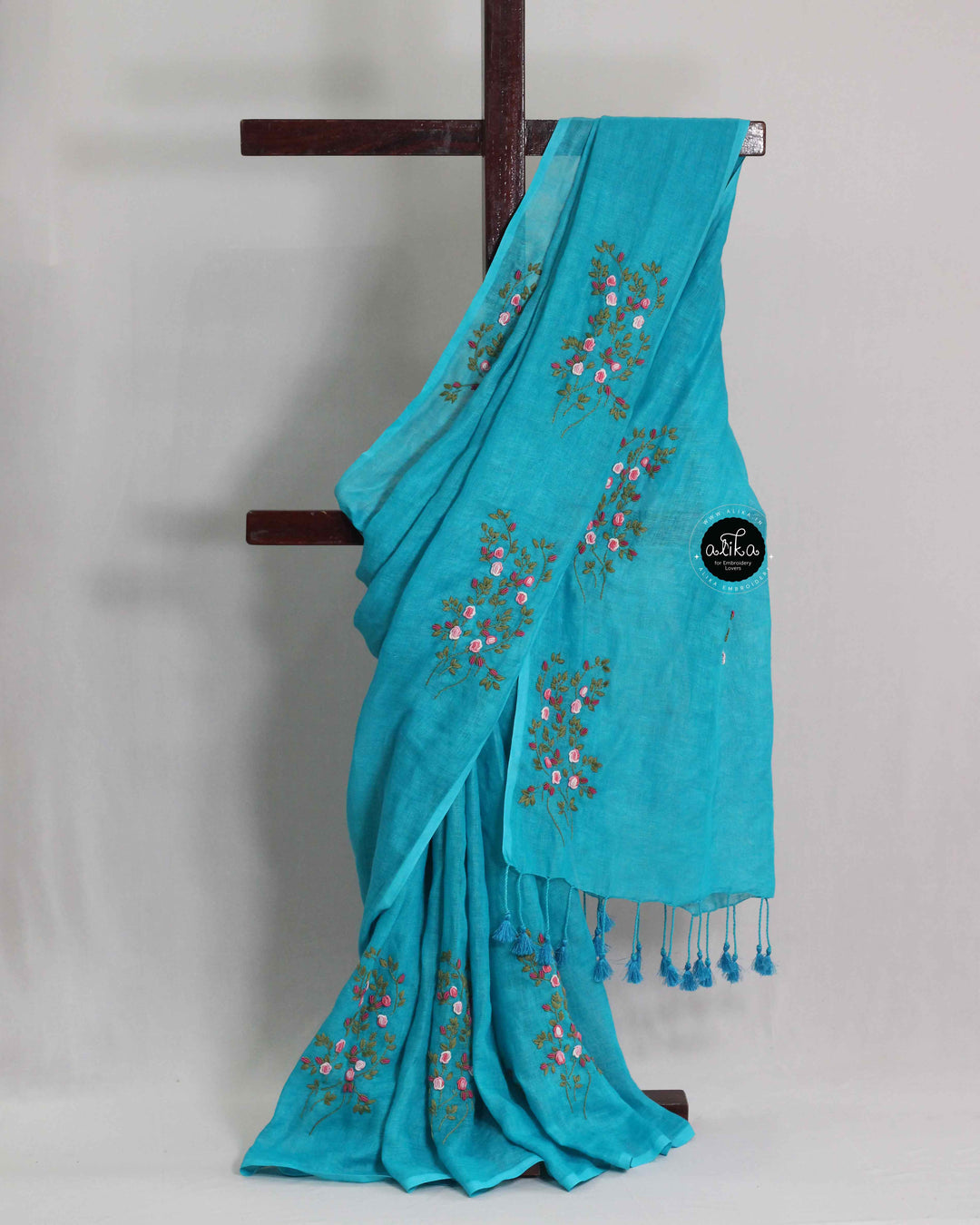 Blue Pure Linen Saree with Floral Hand Embroidery