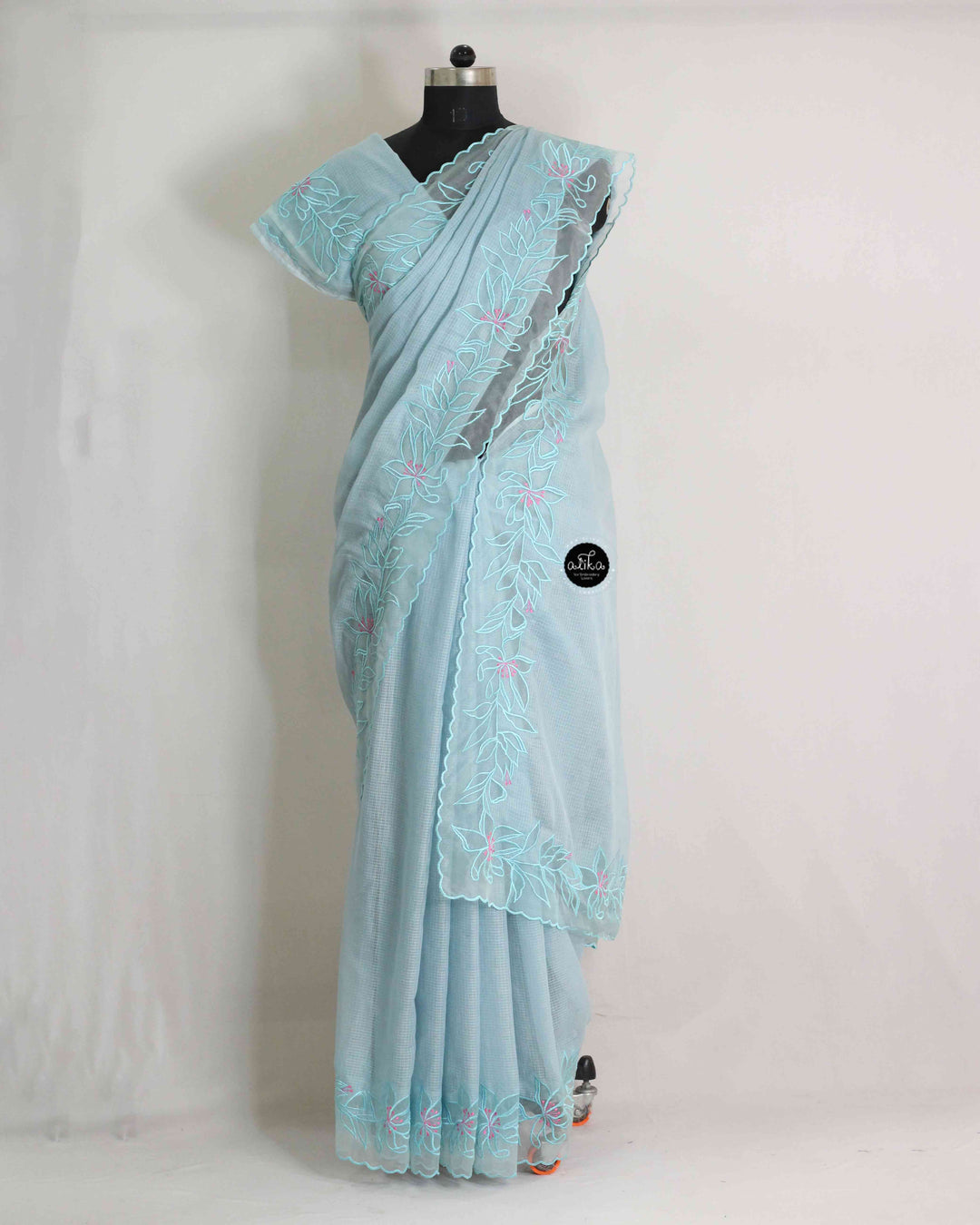 Pastel Blue Cotton Kota Saree with Floral Appliqué Border