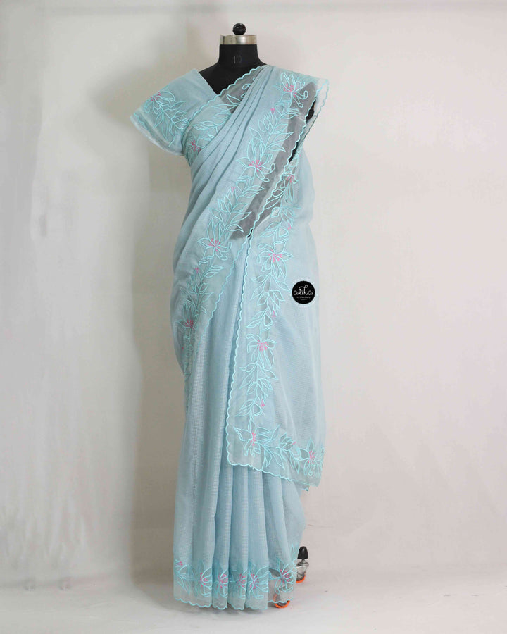 Pastel Blue Cotton Kota Saree with Floral Appliqué Border