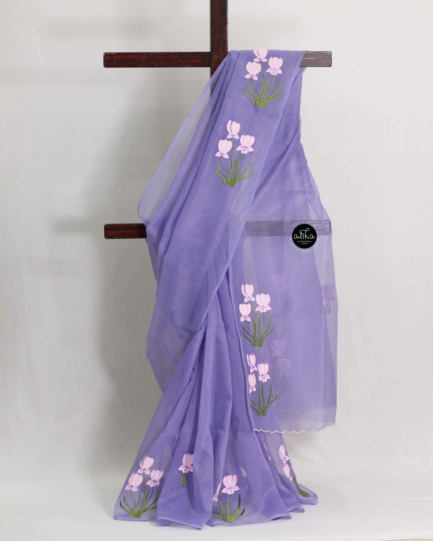 Lavender Kota Saree with Floral Applique Embroidery