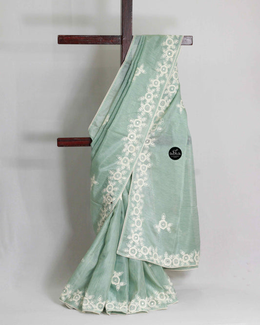 Light Ocean Green Chanderi Saree with Floral Border Embroidery
