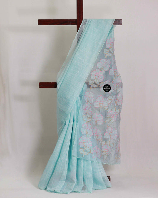 Light Blue Kota Saree with Organza Applique Work