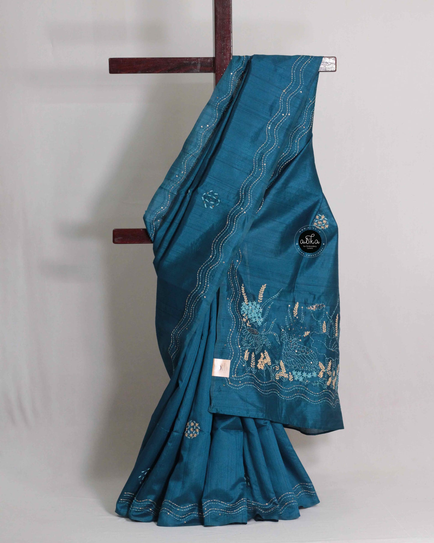 Sapphire Blue Semi Silk Saree with Floral Hand Embroidery