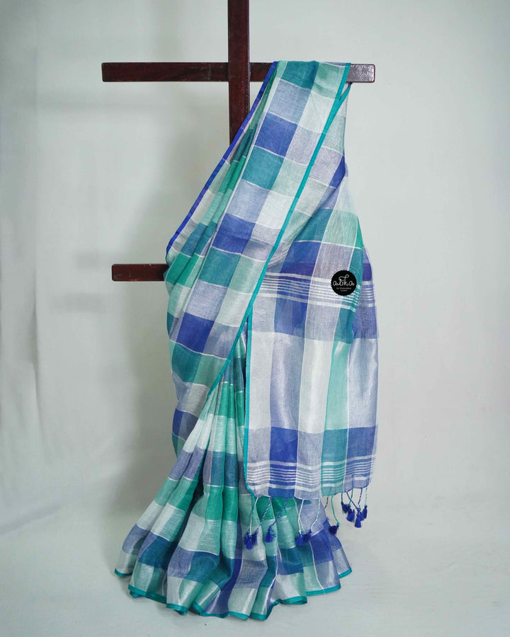 Ganga Jamuna Pure Linen Saree with Tassels