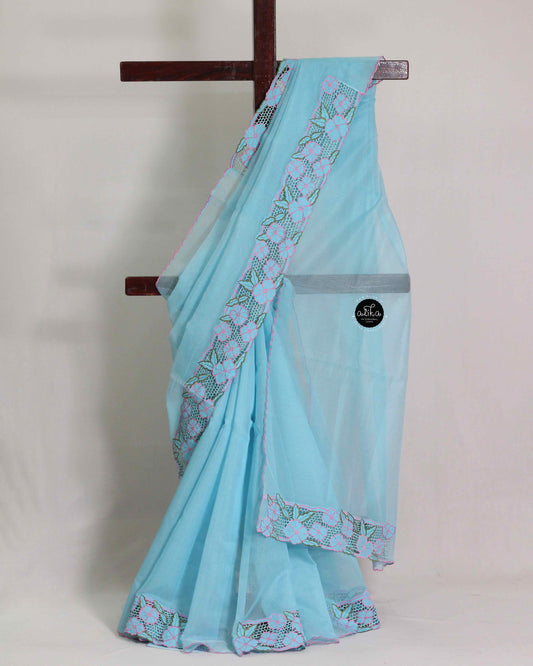 Bright Blue Kota Saree with Pink Floral Cutwork