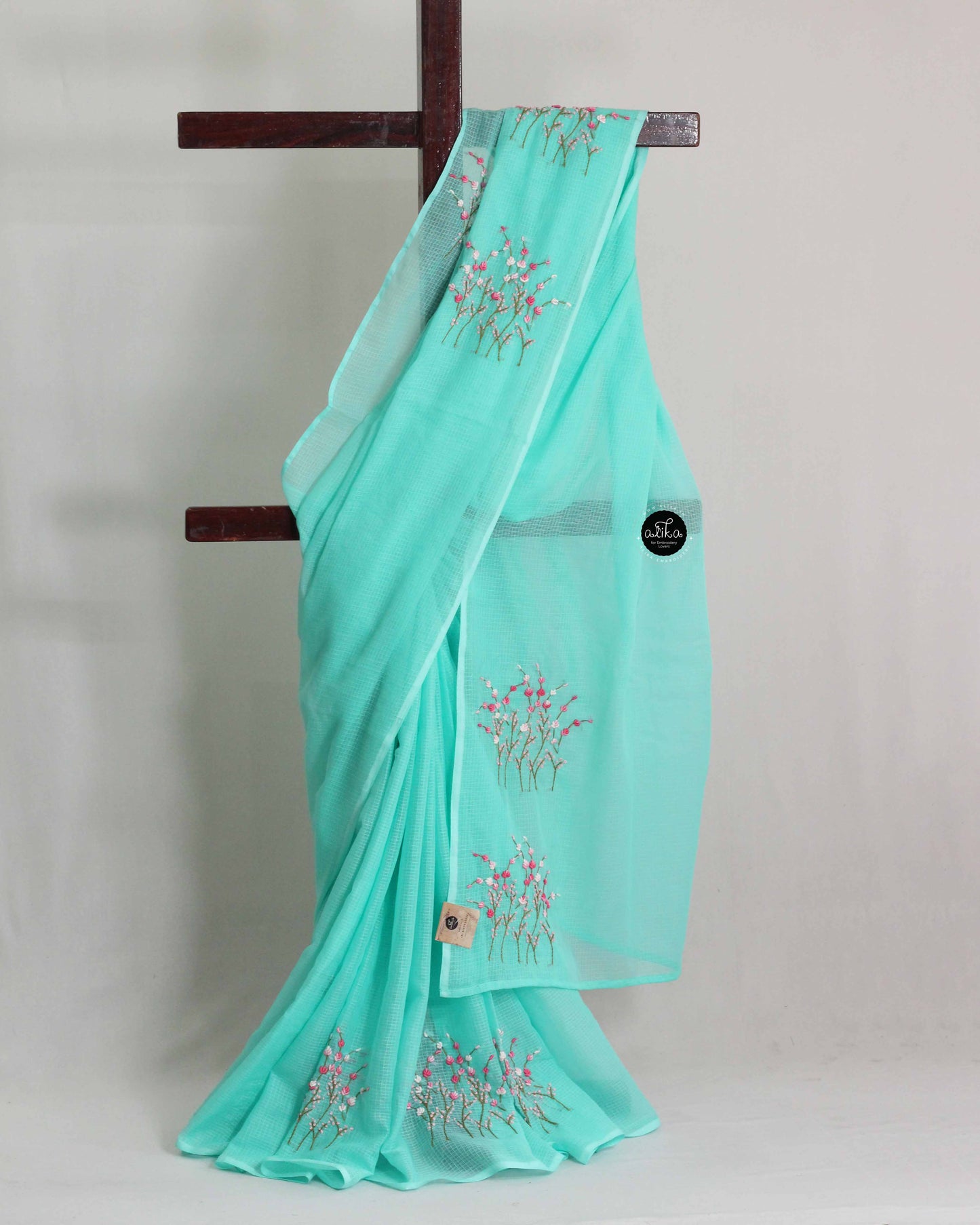Aqua Green Cotton Kota Saree with Hand Embroidery